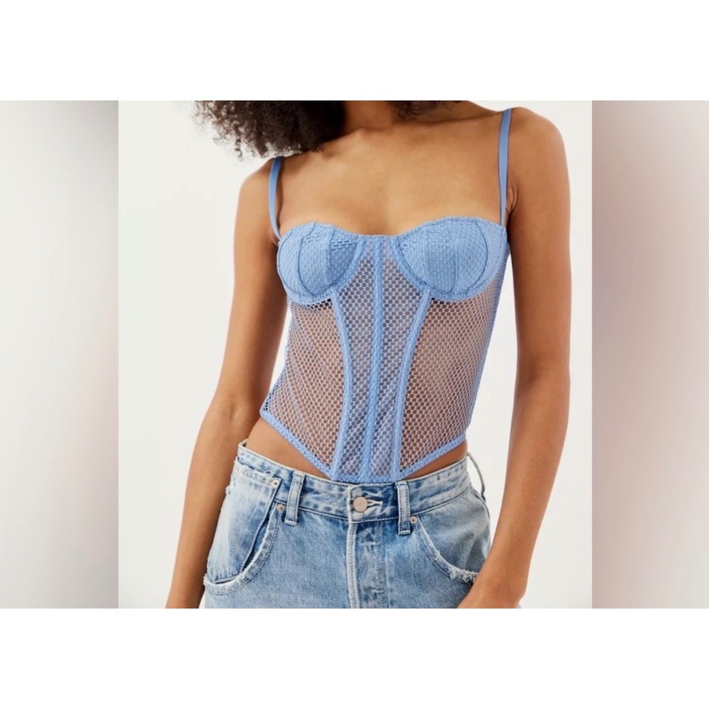 # 109 Out From Under Fishnet Corset‎ Top Sz. Small Blue Mesh Underwire Bustier